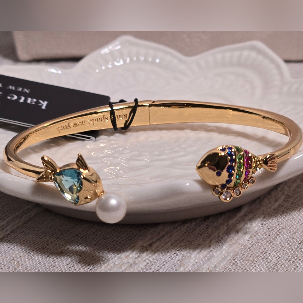 Kate Spade What a Catch Hinged Bangle Bracelet Blue Multi Crystals and Pearl NWT
